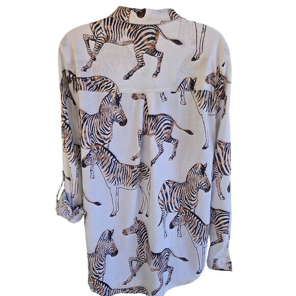 Jane + Delancy Zebra Animal Print Linen Blend Blouse M Long Sleeve or Roll Tab - Picture 16 of 16